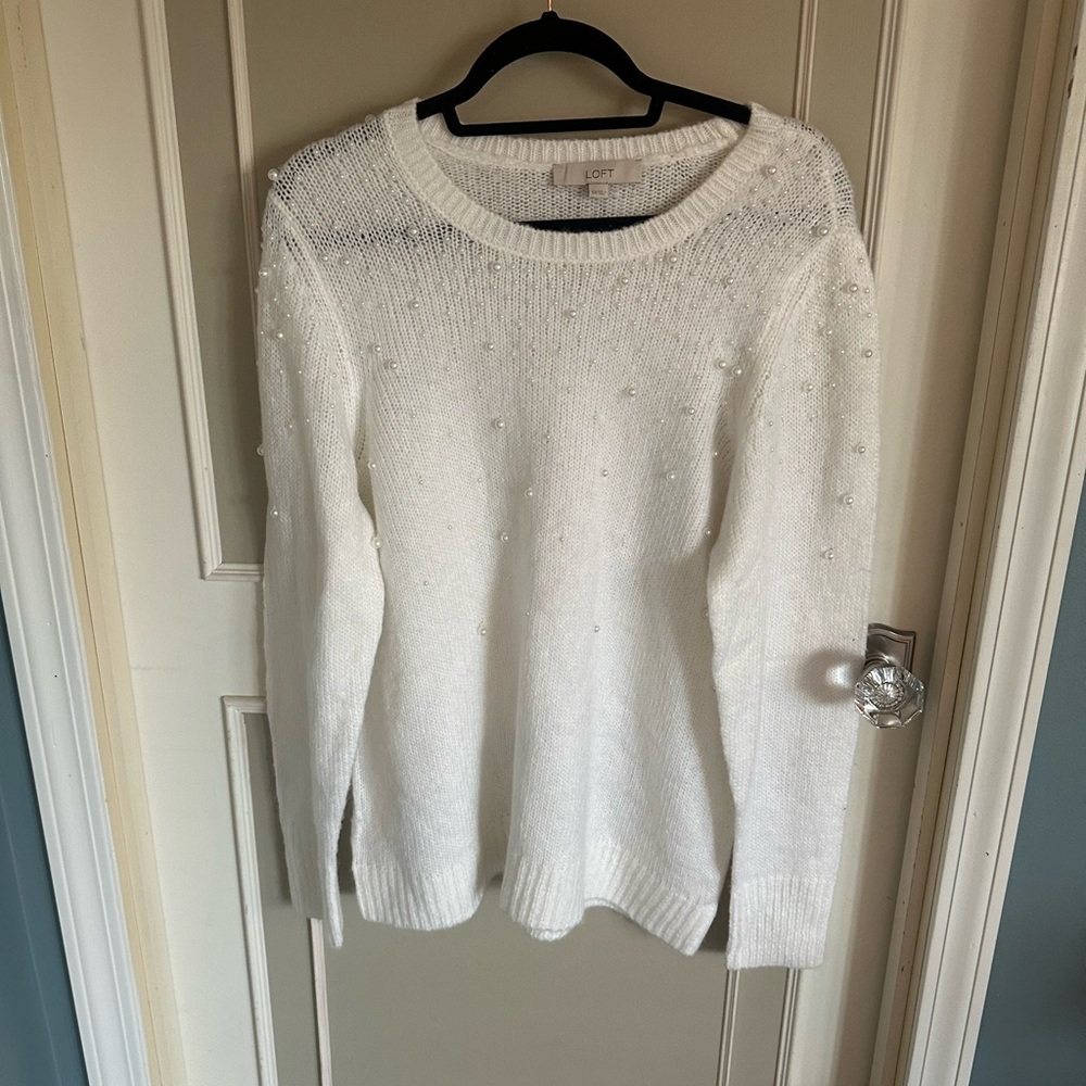 LOFT Women's White Pearl Embellished Crew Neck Sweater